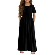 Girls Maxi Dresses 7-16 Solid Color Short Sleeve Maxi Dress Cute Crew Neck Sundresses Holiday Swing Dresses with Pocketss 4-5 Years,Black